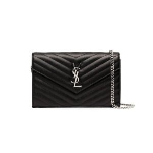Saint Laurent Chain-strap YSL-plaque grained-leather wallet
